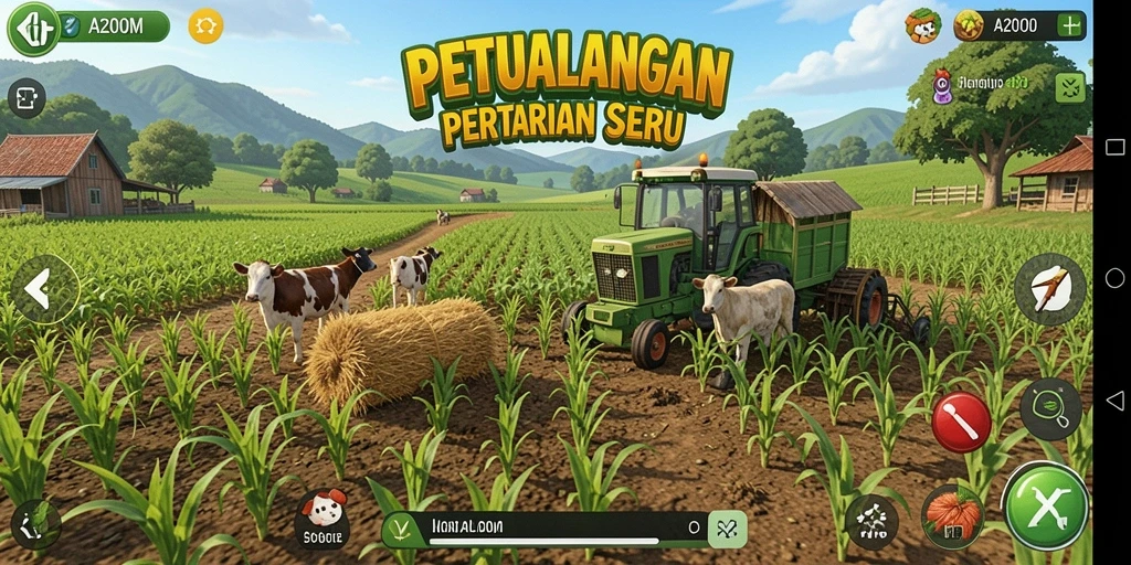Screenshot A200M menunjukkan gameplay seru saat bertani.