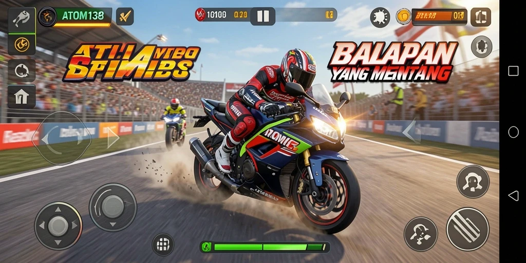 Tampilan gameplay seru dari ATOM138 dengan balapan motor yang mendebarkan.