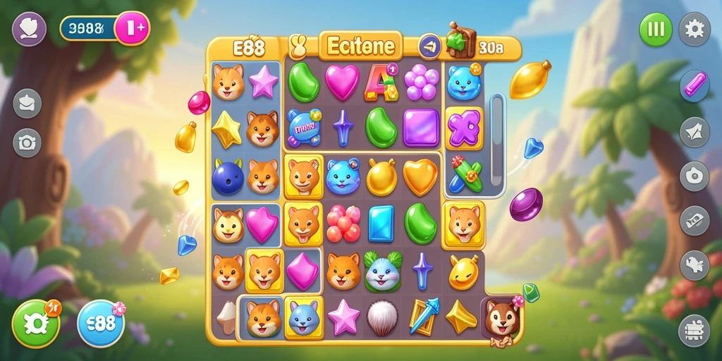 Gameplay E88 yang seru dengan kombinasi permata warna-warni.