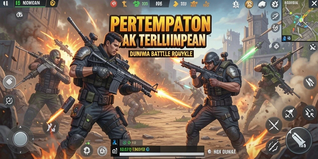 Screenshot gameplay N06 menunjukkan aksi seru dalam pertempuran Battle Royale.