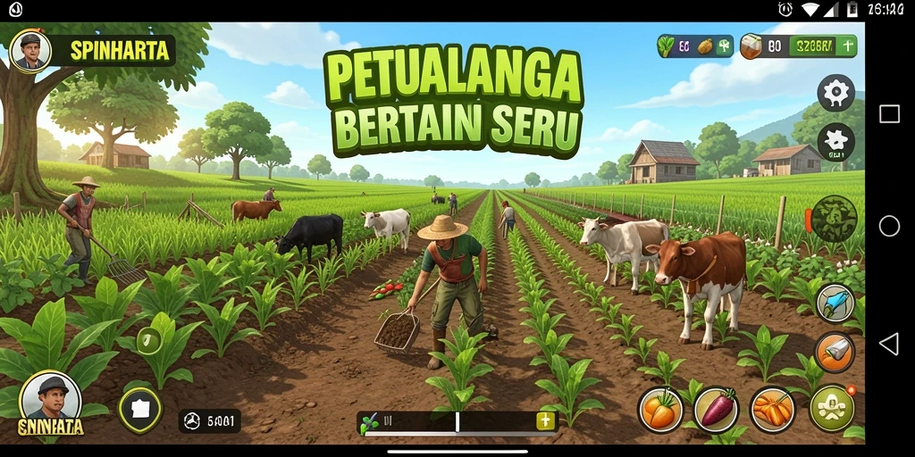 Screenshot gameplay SPINHARTA menampilkan suasana pertanian yang ceria.